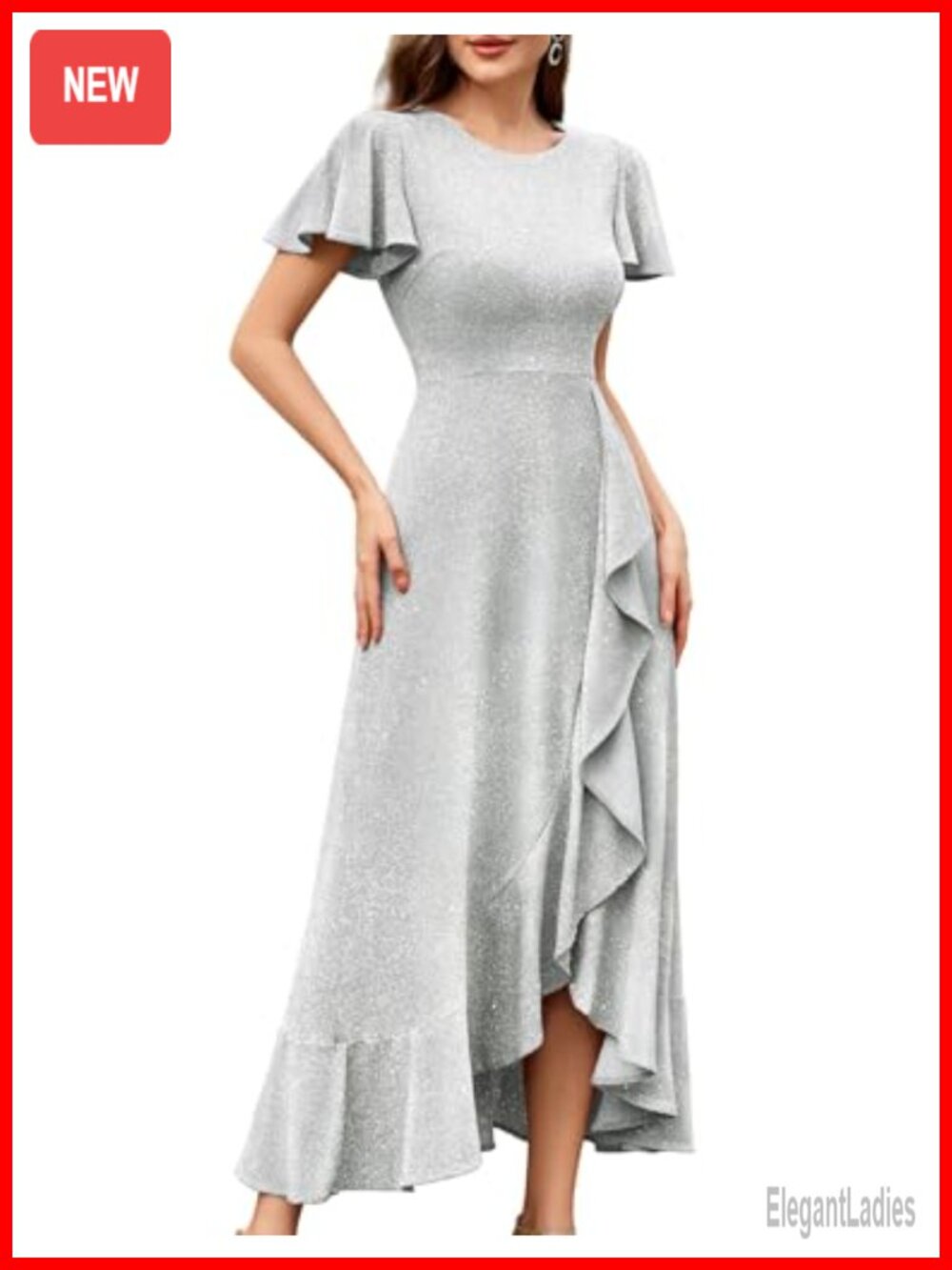 Sequin Formal Dress High Low Flutter Sleeve Wedding Guest Maxi